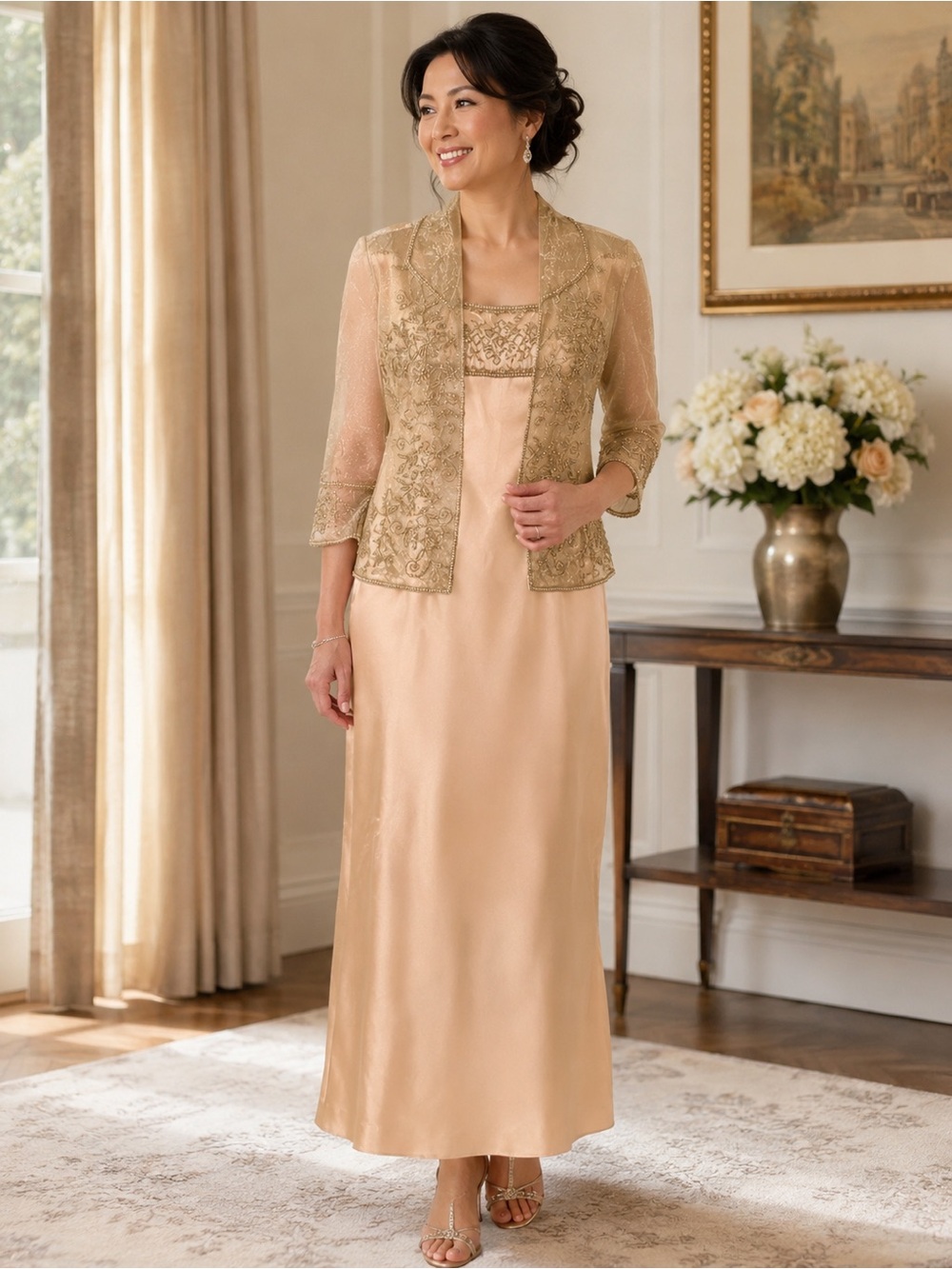 Vintage Champagne Beaded Formal Dress & Sheer Jacket